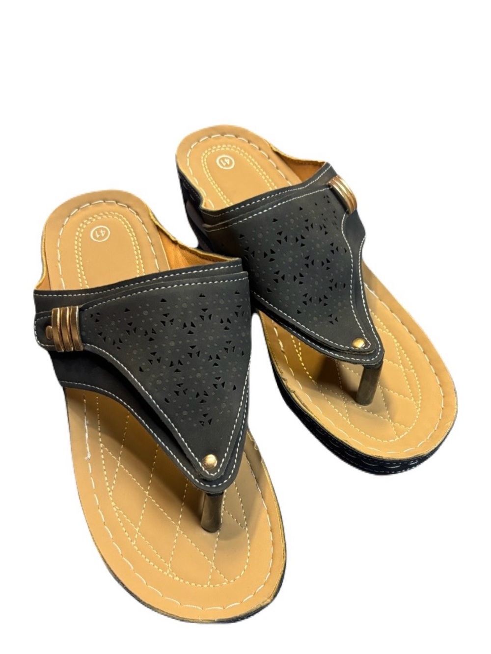 Women's Black and Tan Wedge Thong Sandals with Gold Accent